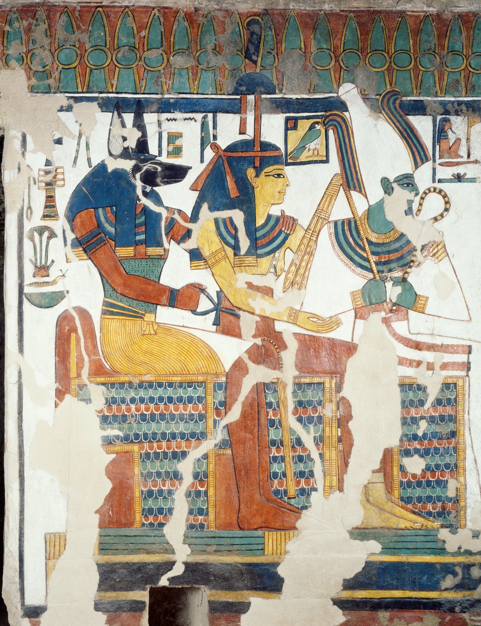 Anubis, Osiris og Nefertari, fra det andre kammeret i graven til Nefertari, detalj (fresco) av Egyptian 19th Dynasty