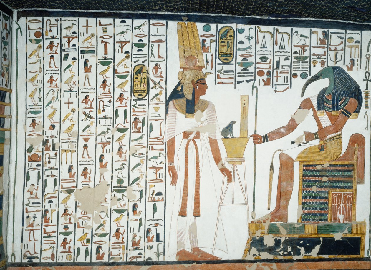 Kapittel 94 i De dødes bok, Nefertari står foran guden Thoth, den ibishodede skriveren, freskomaleri, nordveggen, østsidens kammer, Nefertaris grav (QV66), Queens Valley, Theben. Egyptisk sivilisasjon, New Kingdom, Dynasty XIX. av Egyptian 19th Dynasty