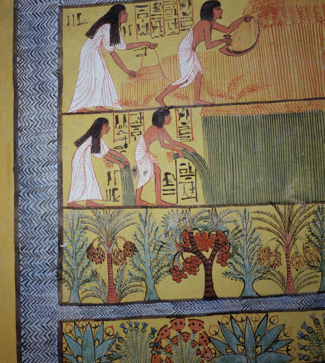 Detalj av en innhøstingsscene på østmuren, fra graven til Sennedjem, The Workers Village, New Kingdom (veggmaleri) (se også 19829-30 og 67891) av Egyptian 19th Dynasty