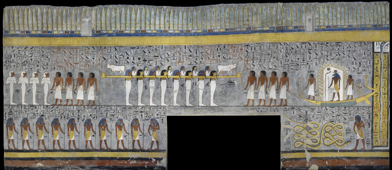 Egypt, Theben, Luxor, Kongenes dal, Ramses I's grav, veggmaleri av Ra i solbark i gravkammer fra 19. dynasti av Egyptian 19th Dynasty