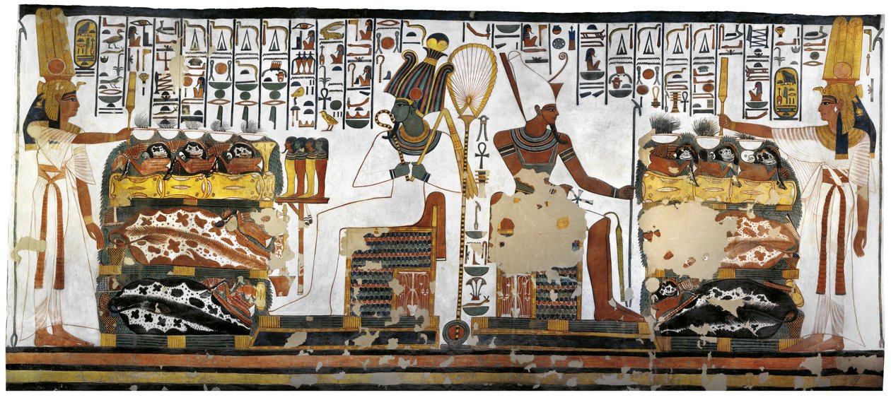 Egypt, Theben, Luxor, Dronningenes dal, Nefertaris grav, vedlegg til forkammer, veggmalerier, dronningofring før Osiris og Atum av Egyptian 19th Dynasty