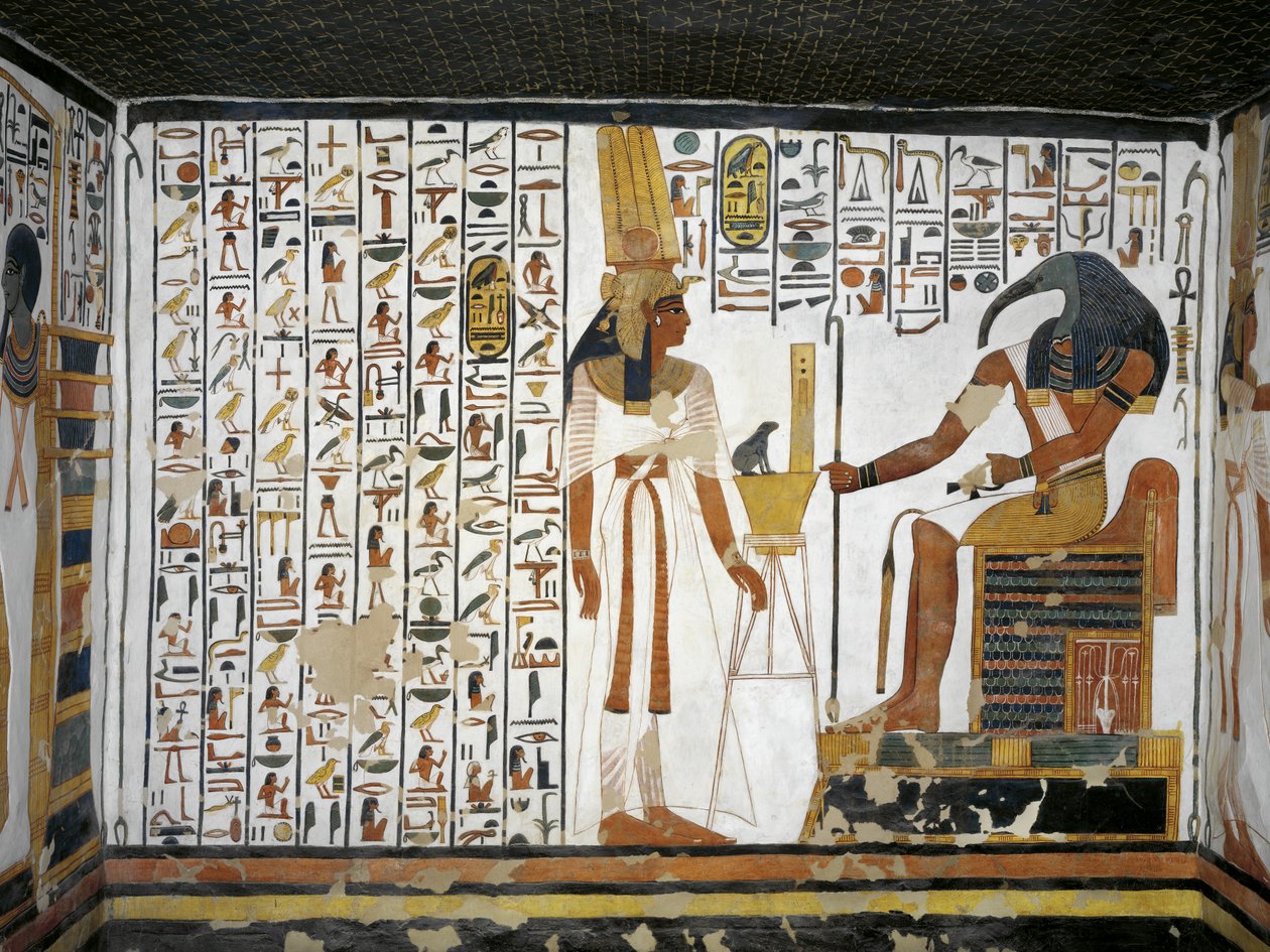 Egypt, Theben, Luxor, Dronningenes dal, Nefertaris grav, vedlegg til forkammer, veggmalerier, dronning før den guddommelige skriver Thoth av Egyptian 19th Dynasty