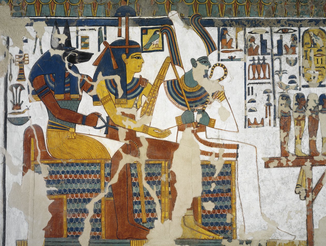 Egypt, Theben, Luxor, Queens Valley, Nefertaris grav, veggmaleri av Anubis, Isis og Osiris i gravkammer fra 19. dynasti av Egyptian 19th Dynasty
