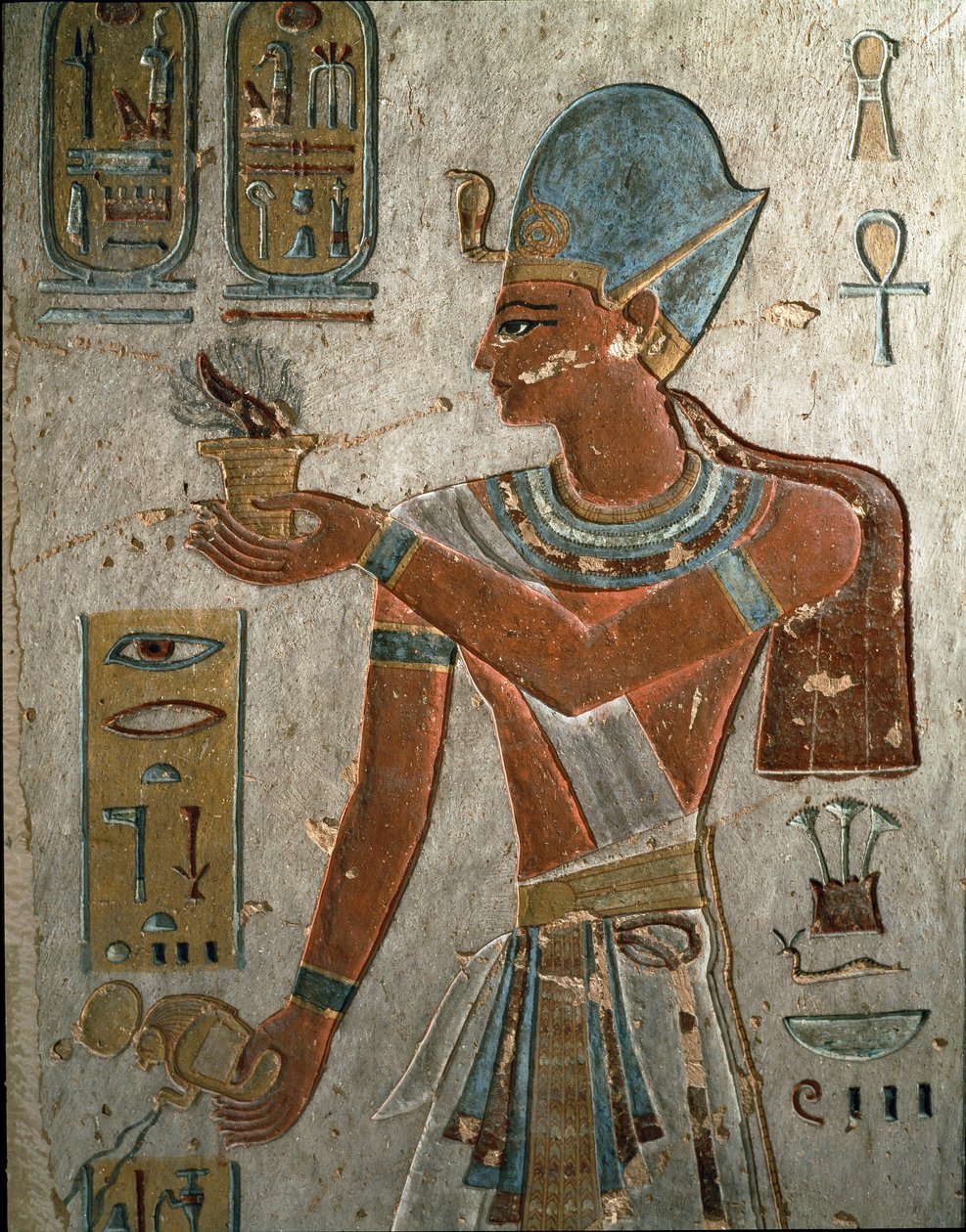 Egyptisk antikvitet: Farao Ramses I (1320-1310 f.Kr.) representerer å brenne røkelse og helle vann ved en seremoni. Bind av Ramses I, Kongenes dal, Egypt av Egyptian 19th Dynasty
