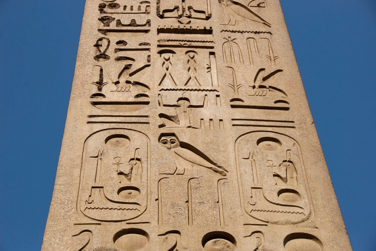 Egyptisk antikvitet: detalj av obeliskgraven av patroner og hieroglyfer, tempelet til farao Ramses II (1292-1186 f.Kr.) i Luxor. Østbredden (Theben), Egypt av Egyptian 19th Dynasty