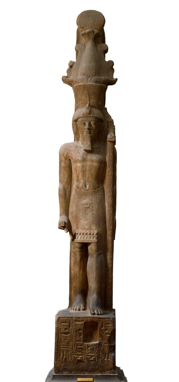 Egyptisk antikvitet: statue av farao Sethi II (Seti eller Sety) (1200-1194 f.Kr.) av det 19. dynastiet i rosa gres, den bærer et septer med symbolet til guden Amon, Dim. 465 cm. Egyptisk museum i Torino. av Egyptian 19th Dynasty