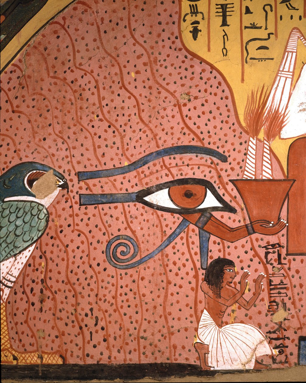 Egyptisk antikvitet: "" håndverkeren Pached (eller Pashedou eller Pachedou eller Pashed eller Pashedu) kneler i tilbedelse nær ham, øyet til Horus Oudjat""" Freske av graven til Pachedou, Deir, el Medinet, Egypt av Egyptian 19th Dynasty