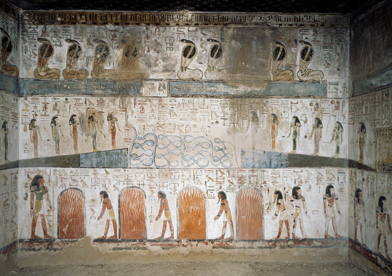 Fra topp til bunn, kobra, redde overlevende fra opprøret mot guden Sol, slekter som fôrer ild for fordømte, freskomaleri fra sidekapellet til graven til Seti I, Kongenes dal, Luxor, Theben (Unesco verdensarv Unesco av Egyptian 19th Dynasty