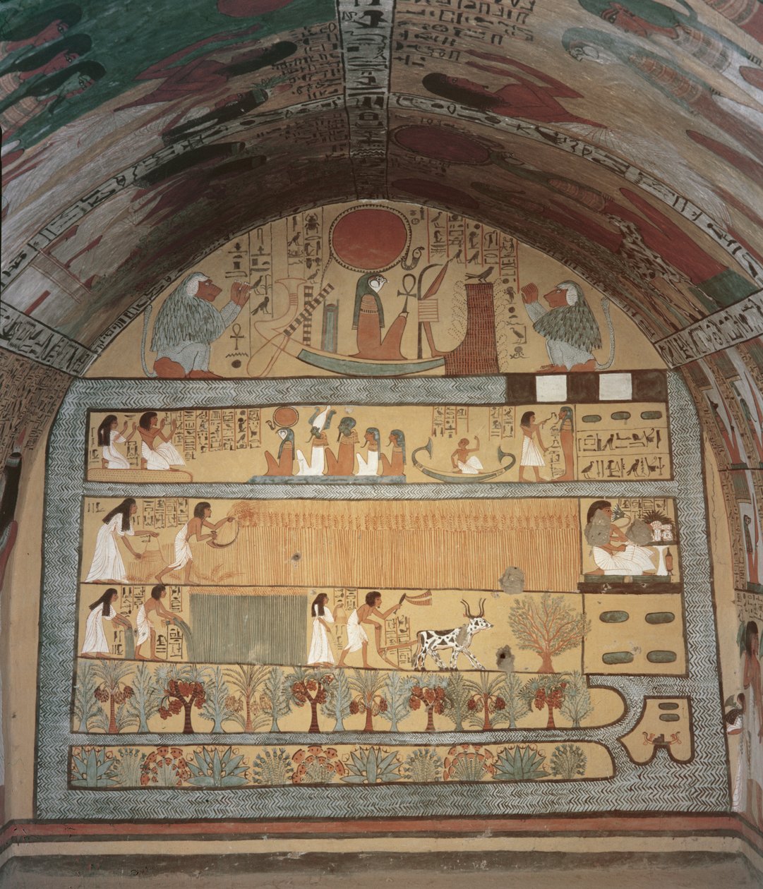 Harvest Scene på østmuren, fra graven til Sennedjem, The Workers Village, New Kingdom (veggmaleri) av Egyptian 19th Dynasty