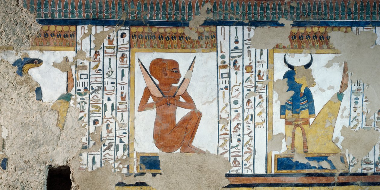 Henty-Reki, vokter av den femte porten til kongeriket Osiris, og oksehodet vokter av den fjerde porten, fresker av gravkammeret til Nefertari, Valley of Queens, Luxor, Theben (Unescos verdensarvliste av Egyptian 19th Dynasty