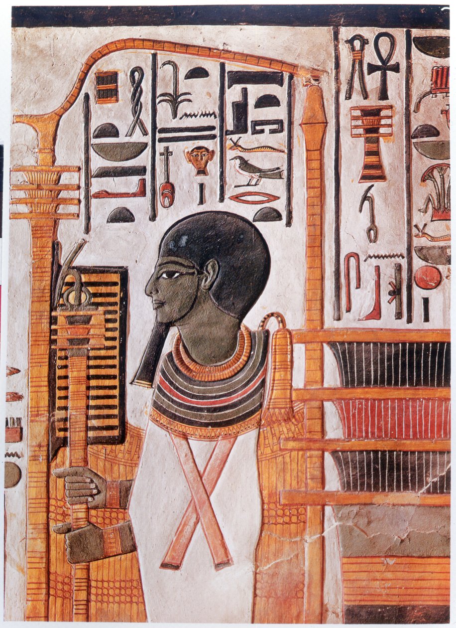 Historie. Det gamle Egypt. Ptah, guddommeliggjøring av urhaugen i Ennead-kosmogonien. Freske i graven til Nefertari i Kongenes dal, det gamle Egypt. (fresco) av Egyptian 19th Dynasty