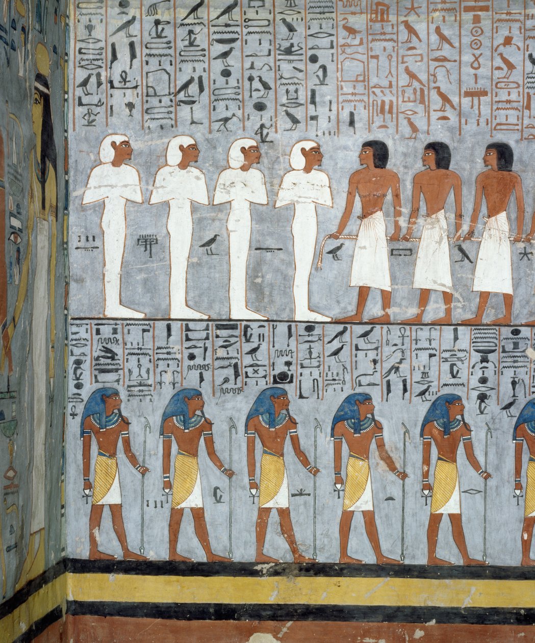 Mumier og mannsfigurer, detaljer fra fresker i gravkammeret til Ramesses I