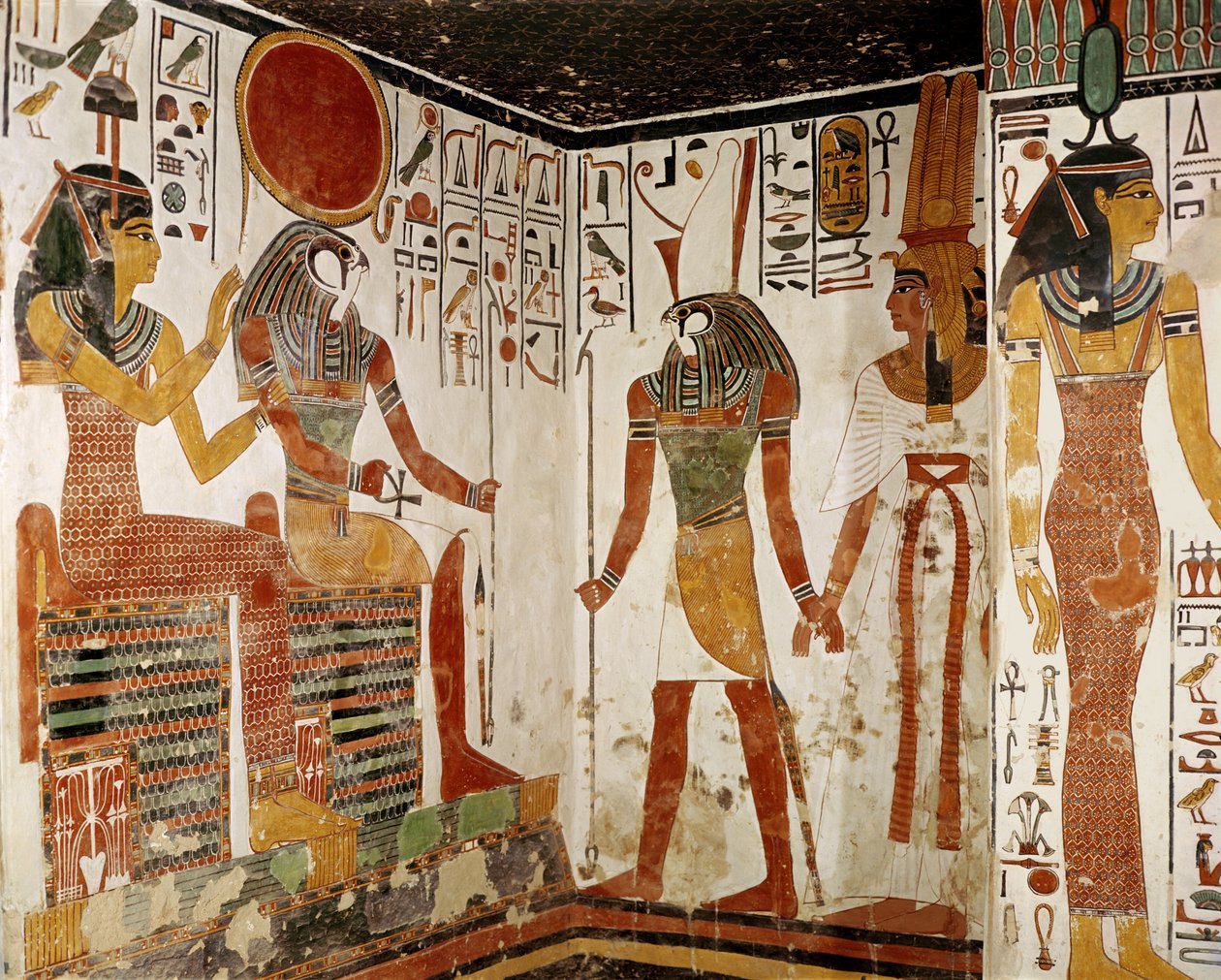 Nefertari blir brakt for guden Re-Horakhty av Horus, fra graven til Nefertari, New Kingdom (veggmaleri) av Egyptian 19th Dynasty