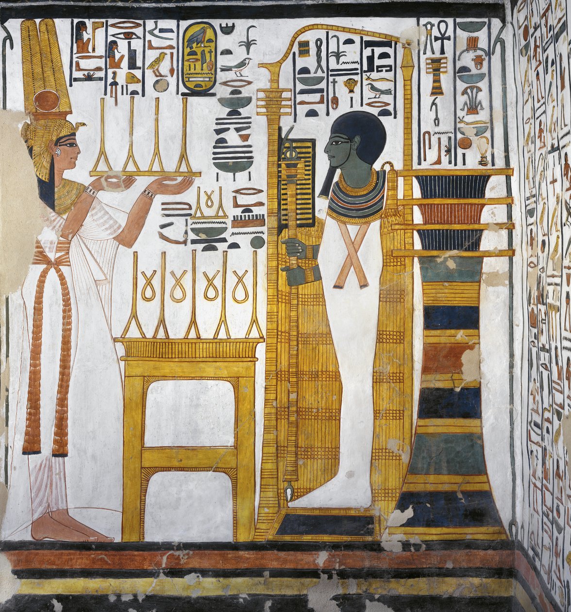 Nefertari gir et tilbud av lin til Ptah, detalj fra vestveggen til det østlige annekset til graven til Nefertari (veggmaleri) av Egyptian 19th Dynasty
