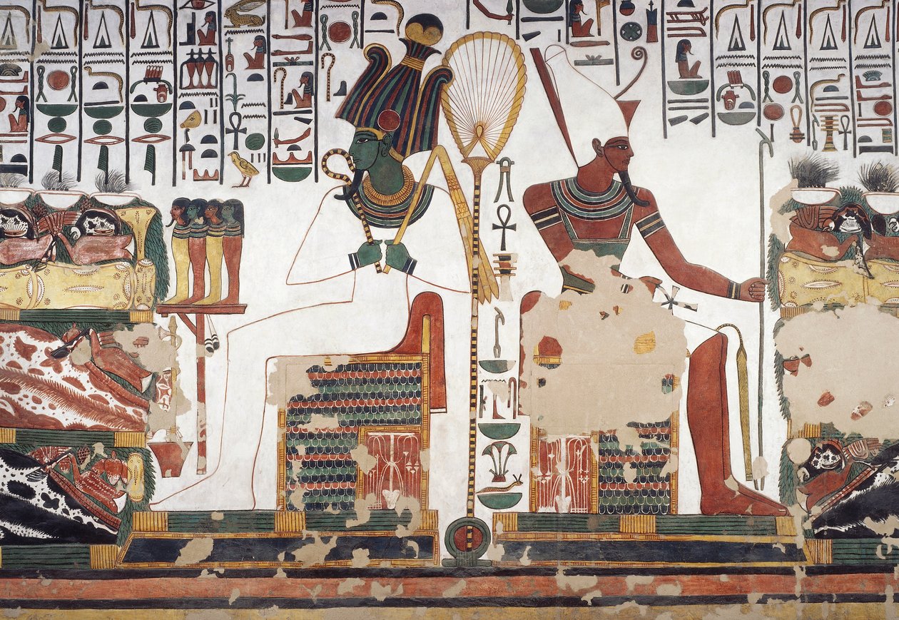 Osiris og Atum, fresko, østvegg, østsidekammer, Tomb of Nefertari (QV66), Queens of Valley, Thebe (Unesco World Heritage List av Egyptian 19th Dynasty