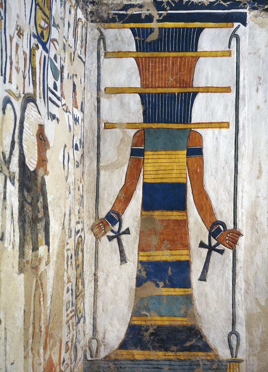 Osiris som en djed-søyle som holder et septer i hver hånd og med en ankh på hvert håndledd, detalj fra det første vestlige annekset til graven til Nefertari (veggmaleri) Egypt, Theben, Luxor, Queens Valley, Nefertaris grav, Anneks til gravkammer av Egyptian 19th Dynasty