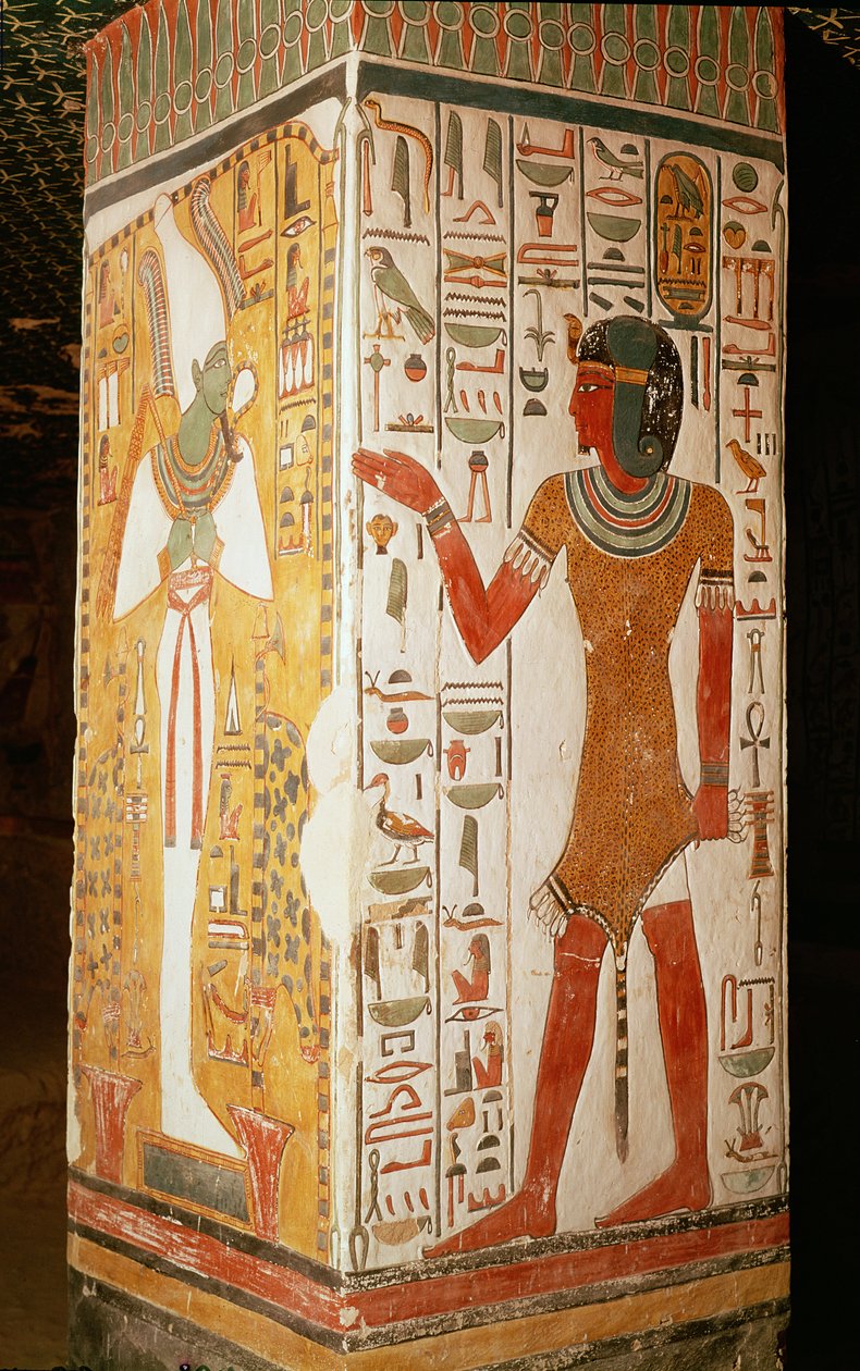 Søyle som viser Osiris og en prest iført panterskinn, fra graven til Nefertari, New Kingdom (veggmaleri) av Egyptian 19th Dynasty