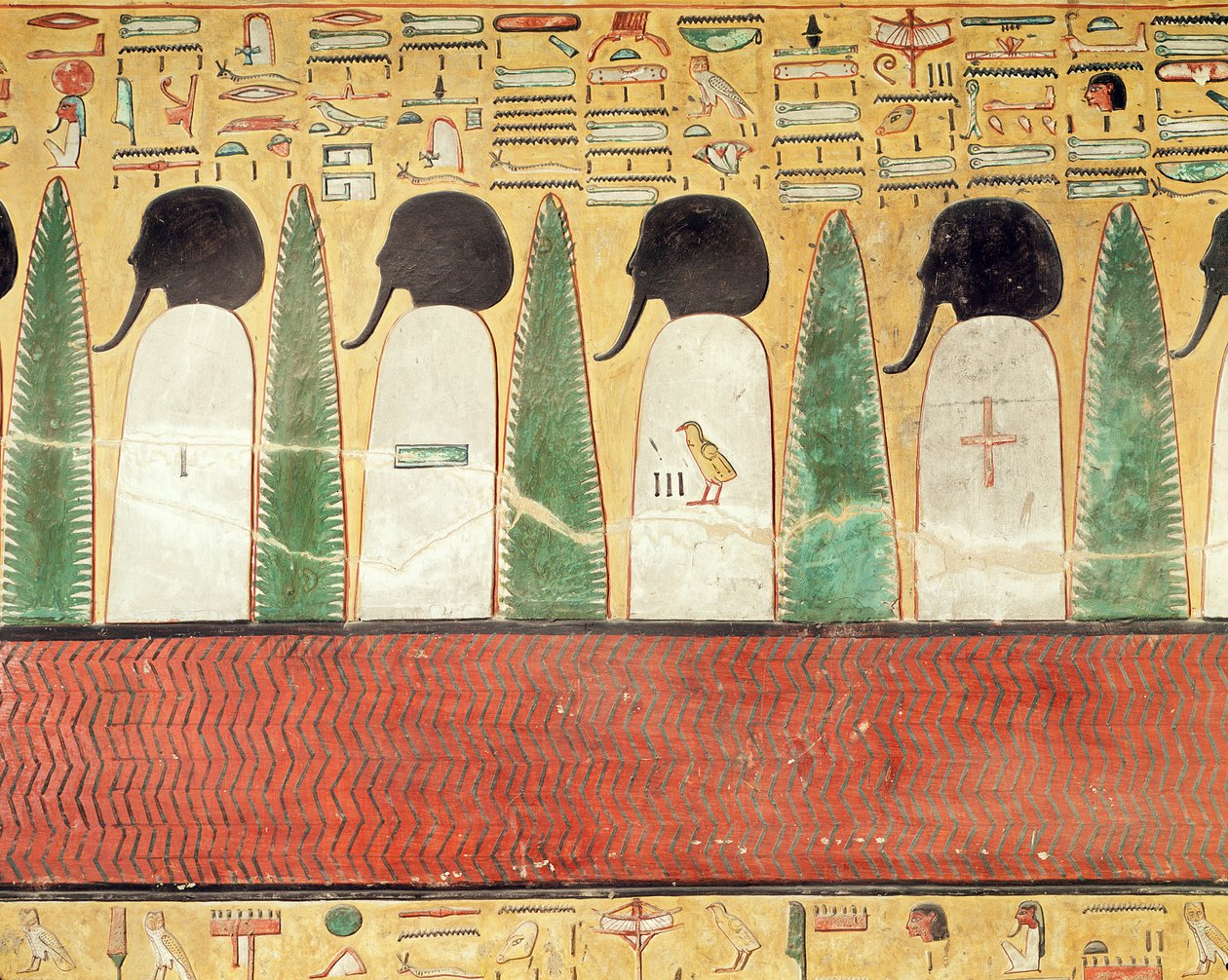 Relieff som viser svarthodede guder i underverdenen, fra graven til Seti I (r.1294-1279 f.Kr.) New Kingdom (malt kalkstein) av Egyptian 19th Dynasty