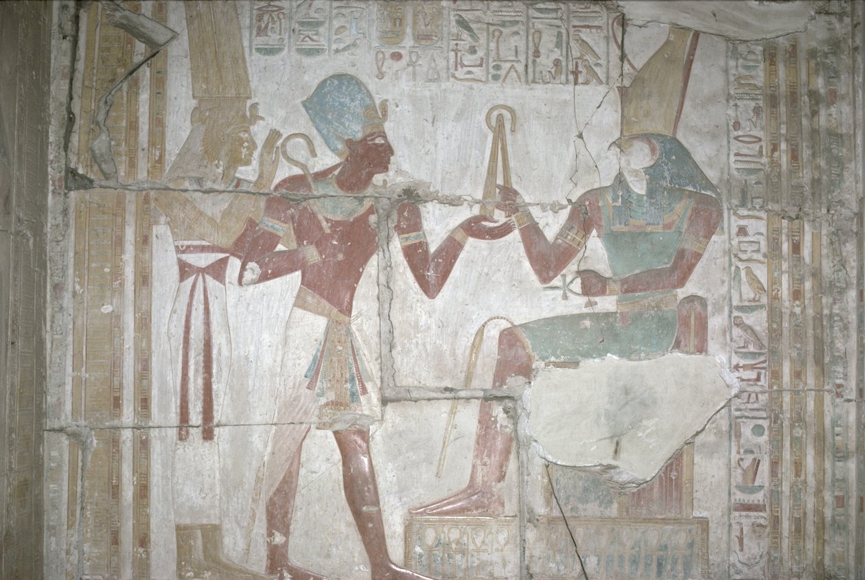 Relieff of Isis, presenterer Sethos I (1303-1290 f.Kr.) til Horus, New Kingdom (veggmaleri) av Egyptian 19th Dynasty