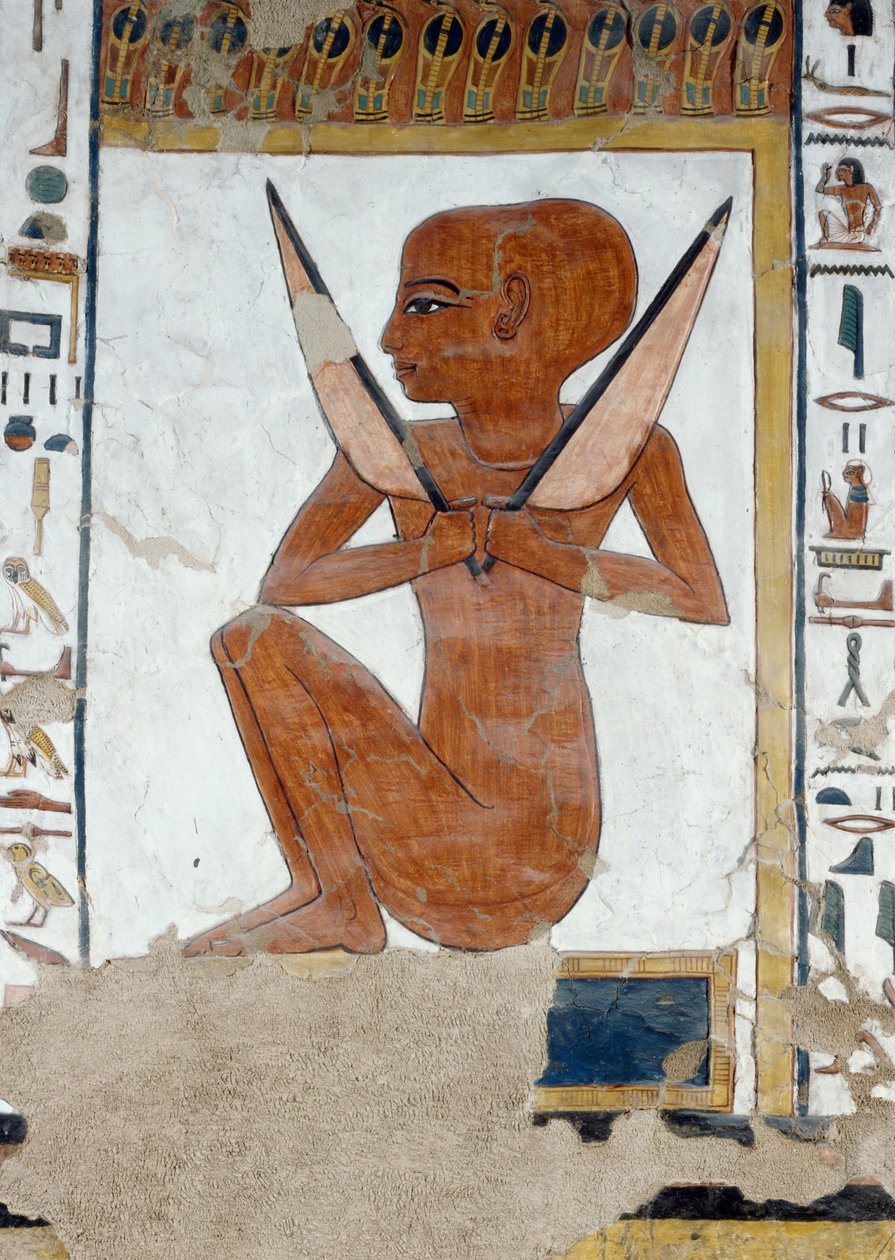 Representasjon av Henty-Reki, vokter av den femte porten til kongeriket Osiris, detalj fra freskene i gravkammeret til Nefertari, Valley of Queens, Luxor, Theben. Egyptisk sivilisasjon, New Kingdom, Dynasty XIX. av Egyptian 19th Dynasty