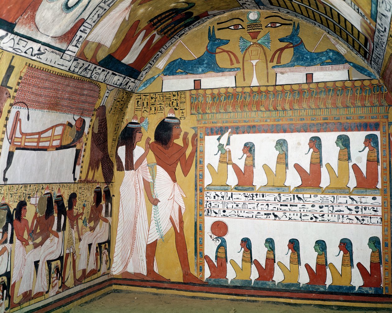 Sennedjem og hans kone står overfor en naos som inneholder tolv guddommeligheter, fra vestveggen til graven til Sennedjem, The Workers Village, New Kingdom (veggmaleri) av Egyptian 19th Dynasty