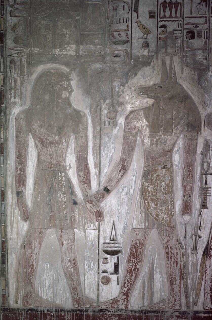 Seti I (1303-1290 f.Kr.) og Anubis i graven til Seti, New Kingdom (veggmaleri) av Egyptian 19th Dynasty