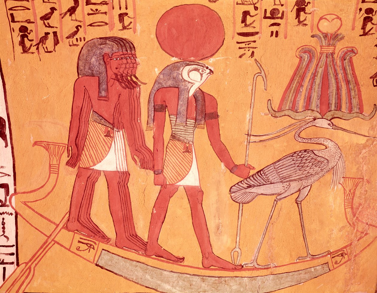 Solbark med Re-Horakhty, benu-fuglen og fire andre guddommer, fra graven til Sennedjem, The Workers Village, New Kingdom (veggmaleri) av Egyptian 19th Dynasty