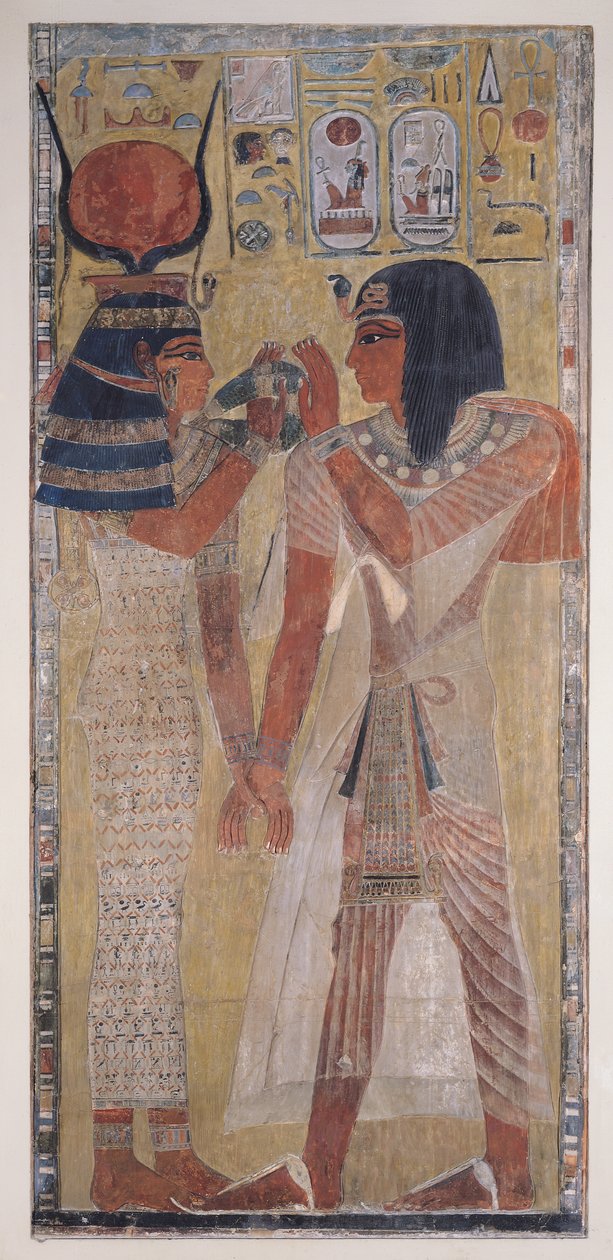 Gudinnen Hathor plasserer den magiske kragen på Seti I (ca. 1394-1279 f.Kr.), hentet fra graven til Seti I i Kongenes dal, New Kingdom (malt kalksteinrelieff) av Egyptian 19th Dynasty