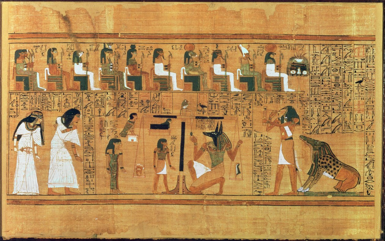 The Weighing of the Heart against the Feather of Truth, fra Book of the Dead of the Scribe Any, ca. 1250 f.Kr. (malt papyrus) av Egyptian 19th Dynasty