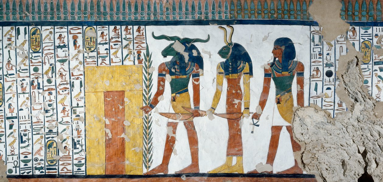 De tre slektene som vokter den andre porten til kongeriket Osiris, Book of the Dead, kapittel 144, detaljer fra freskene i gravkammeret til Nefertari, Valley of Queens, Luxor, Theben. Egyptisk sivilisasjon, New Kingdom, Dynasty XIX. av Egyptian 19th Dynasty