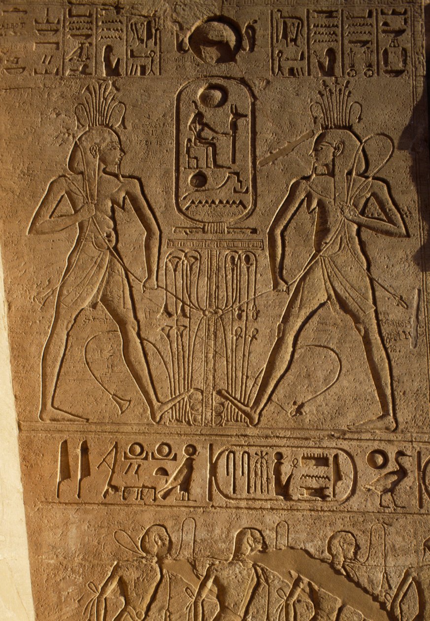 Forening mellom Øvre og Nedre Egypt og kartusj av farao, relieff på troner, Ramses II-tempelet, Abu Simbel, Egypt, Det nye kongeriket, XIX-dynastiet av Egyptian 19th Dynasty