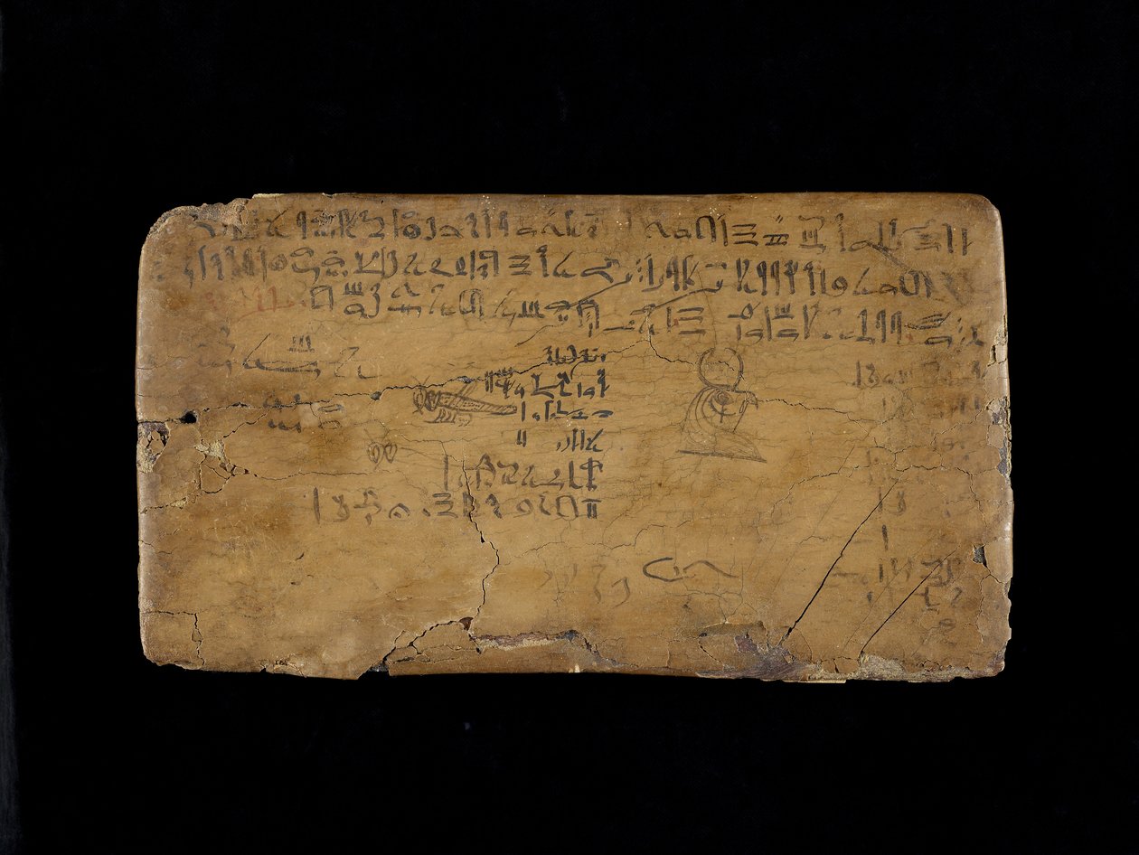 Skrivetavle med linjer fra Salmen til Nilflommen tre, gesso, lin og blekk av Egyptian 19th Dynasty
