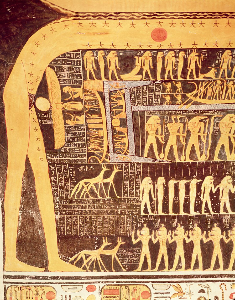 Detalj fra Dagens bok fra taket i gravkammeret til graven til Ramesses VI (r.1143-1136 f.Kr.) New Kingdom (veggmaleri) av Egyptian 20th Dynasty