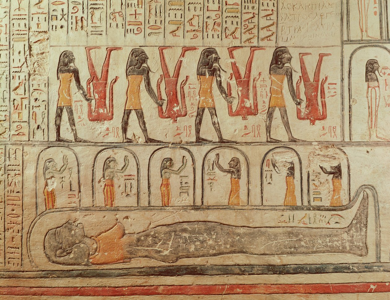 Detalj fra Jordens bok, fra gravkammeret til Ramses VIs grav (r.1143-1136 f.Kr.) New Kingdom (veggmaleri) av Egyptian 20th Dynasty