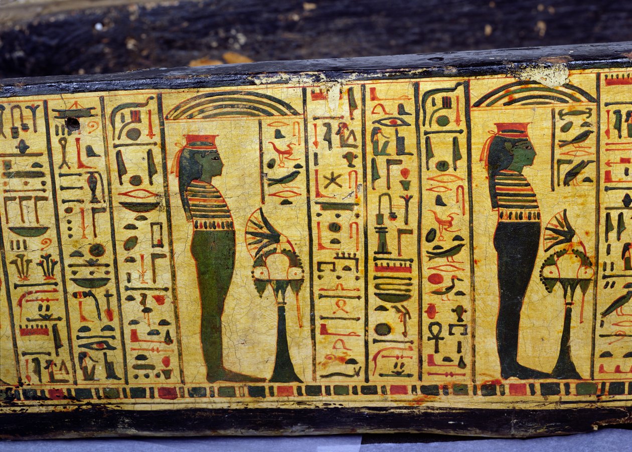 Detalj av den ytre kistebunnen til mumien til Nesyamun, muligens funnet i Deir El-Bahri, New Kingdom, ca. 1100 f.Kr. (malt tre) av Egyptian 20th Dynasty