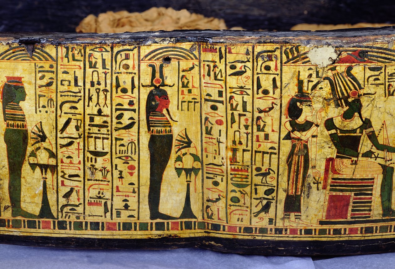Detalj av den ytre kistebunnen til mumien til Nesyamun, muligens funnet i Deir El-Bahri, New Kingdom, ca. 1100 f.Kr. (malt tre) av Egyptian 20th Dynasty