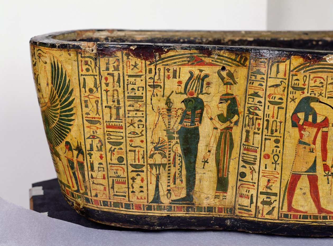 Detalj av den ytre kistebunnen til mumien til Nesyamun, muligens funnet i Deir El-Bahri, New Kingdom, ca. 1100 f.Kr. (malt tre) av Egyptian 20th Dynasty