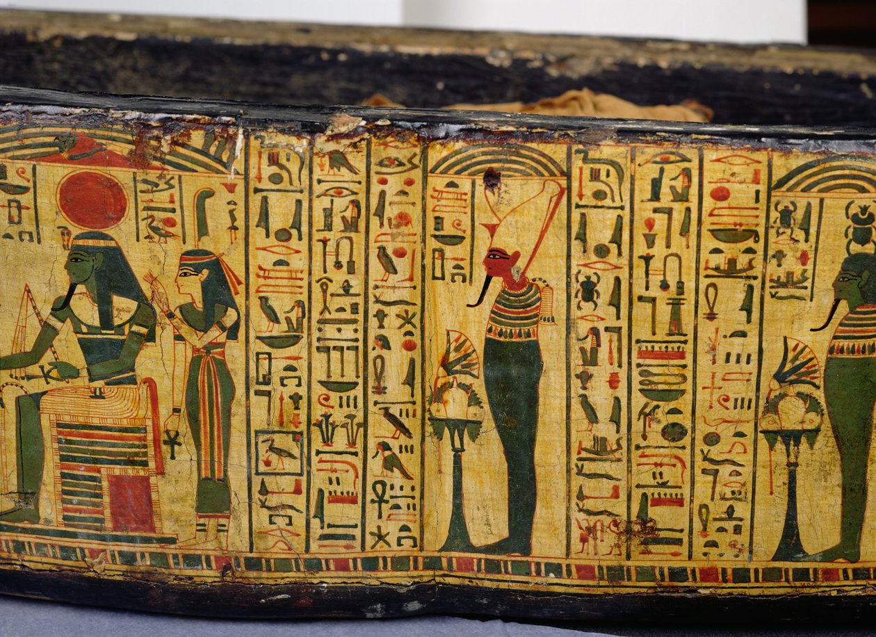 Detalj av den ytre kistebunnen til mumien til Nesyamun, muligens funnet i Deir El-Bahri, New Kingdom, ca. 1100 f.Kr. (malt tre) av Egyptian 20th Dynasty