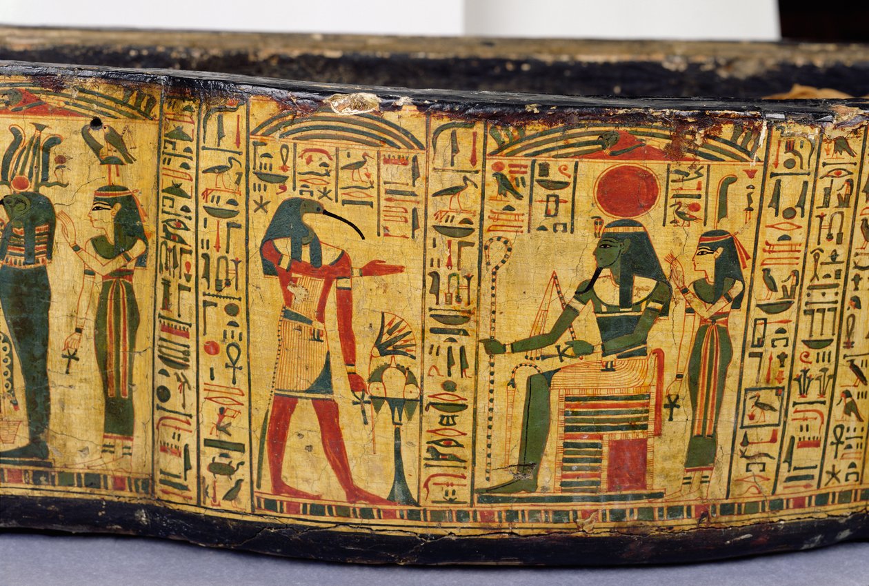 Detalj av den ytre kistebunnen til mumien til Nesyamun, muligens funnet i Deir El-Bahri, New Kingdom, ca. 1100 f.Kr. (malt tre) av Egyptian 20th Dynasty