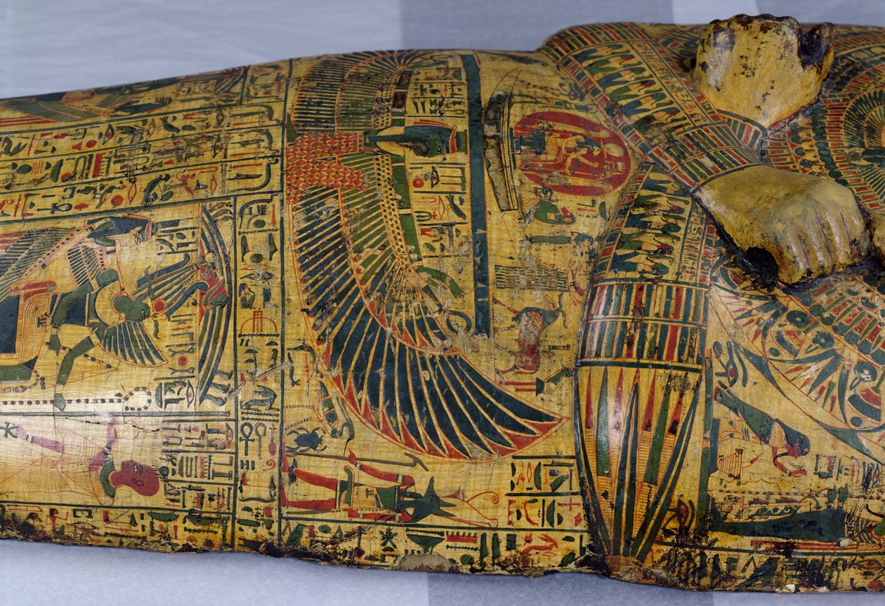 Detalj av det ytre kistelokket til mumien til Nesyamun, muligens funnet i Deir El-Bahri, New Kingdom, ca. 1100 f.Kr. (malt tre) av Egyptian 20th Dynasty