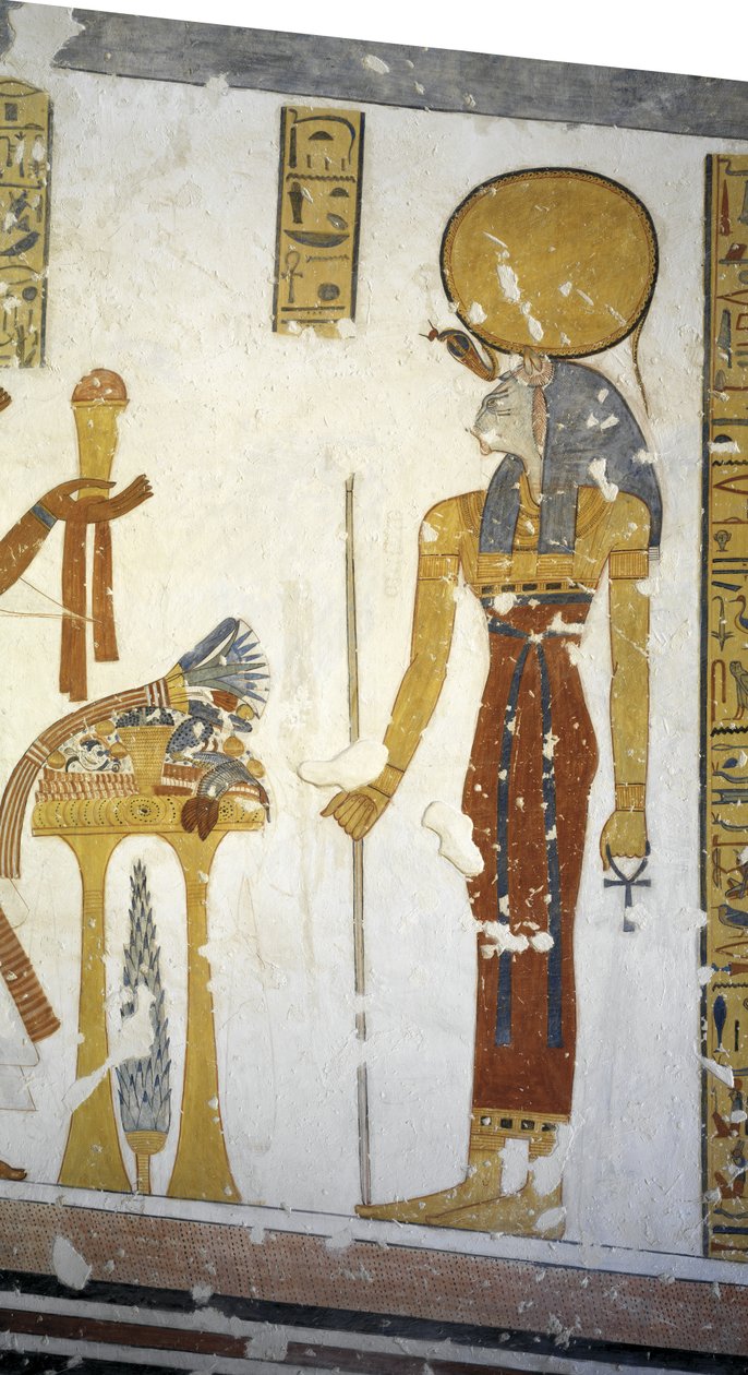 Egypt, Theben, Luxor, Kongenes dal, prins Mentuherkhepeshefs grav, veggmaleri av kattehodegudinnen Bastet, 20. dynasti av Egyptian 20th Dynasty