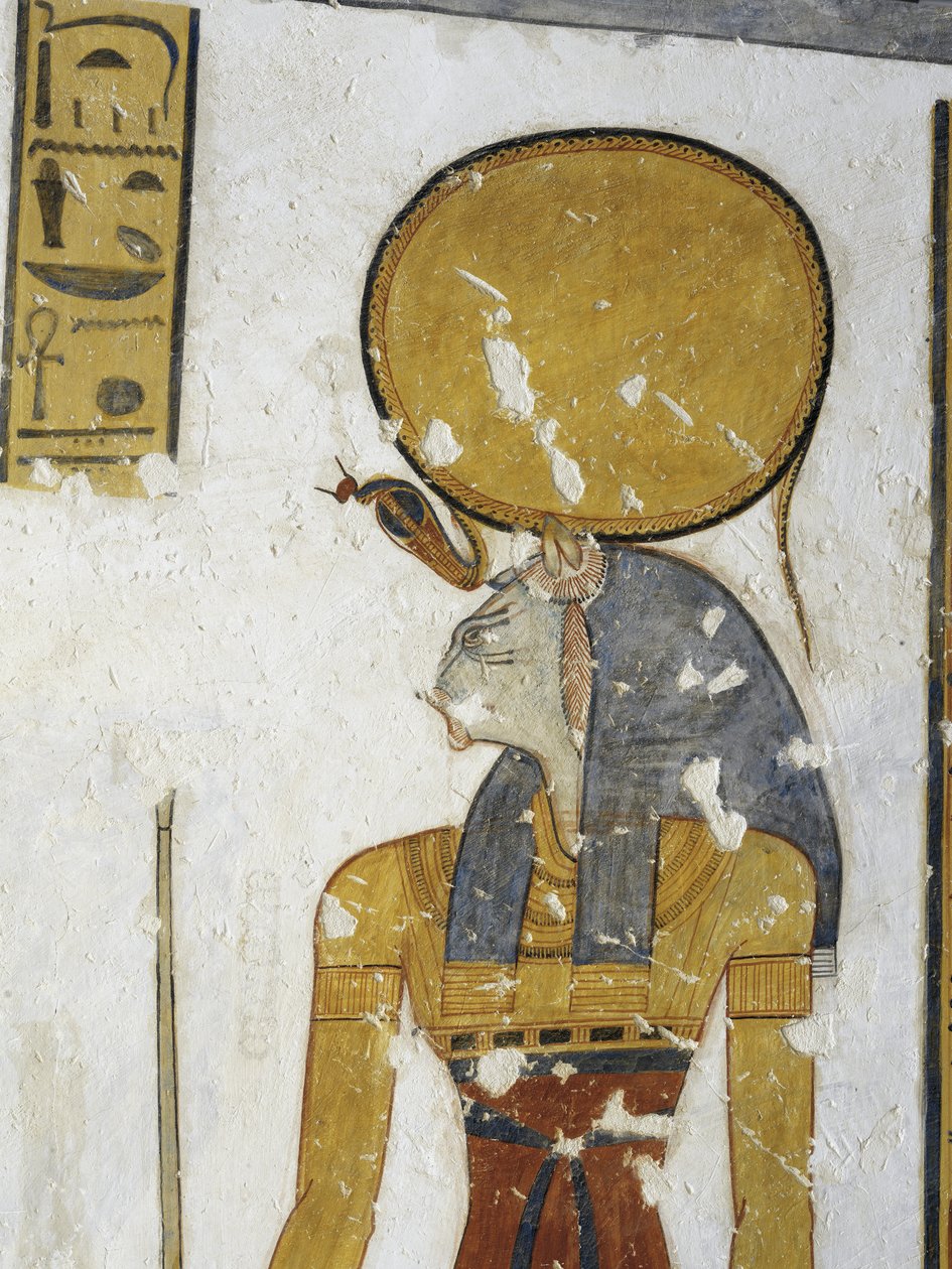 Egypt, Theben, Luxor, Kongenes dal, prins Mentuherkhepeshefs grav, veggmaleri av kattehodegudinnen Bastet, 20. dynasti av Egyptian 20th Dynasty