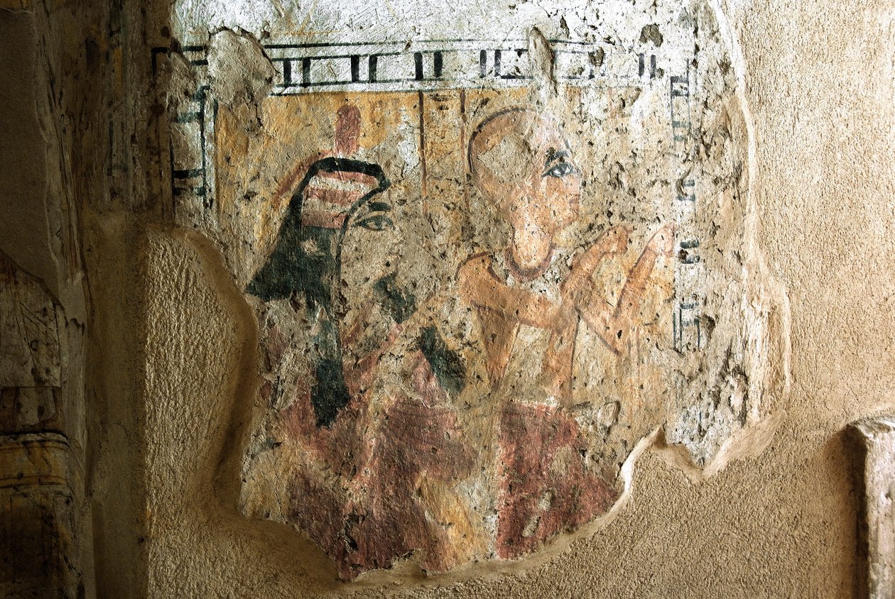 Egyptisk antikvitet: representasjon av Shuroy og hans kone i tilbedelse. Maleri av graven til Shuroy (TT13). 20. dynasti. 1190–1077 f.Kr. Nekropolen til Dra Abu el-Naga, Vestbredden av Luxor, Egypt av Egyptian 20th Dynasty