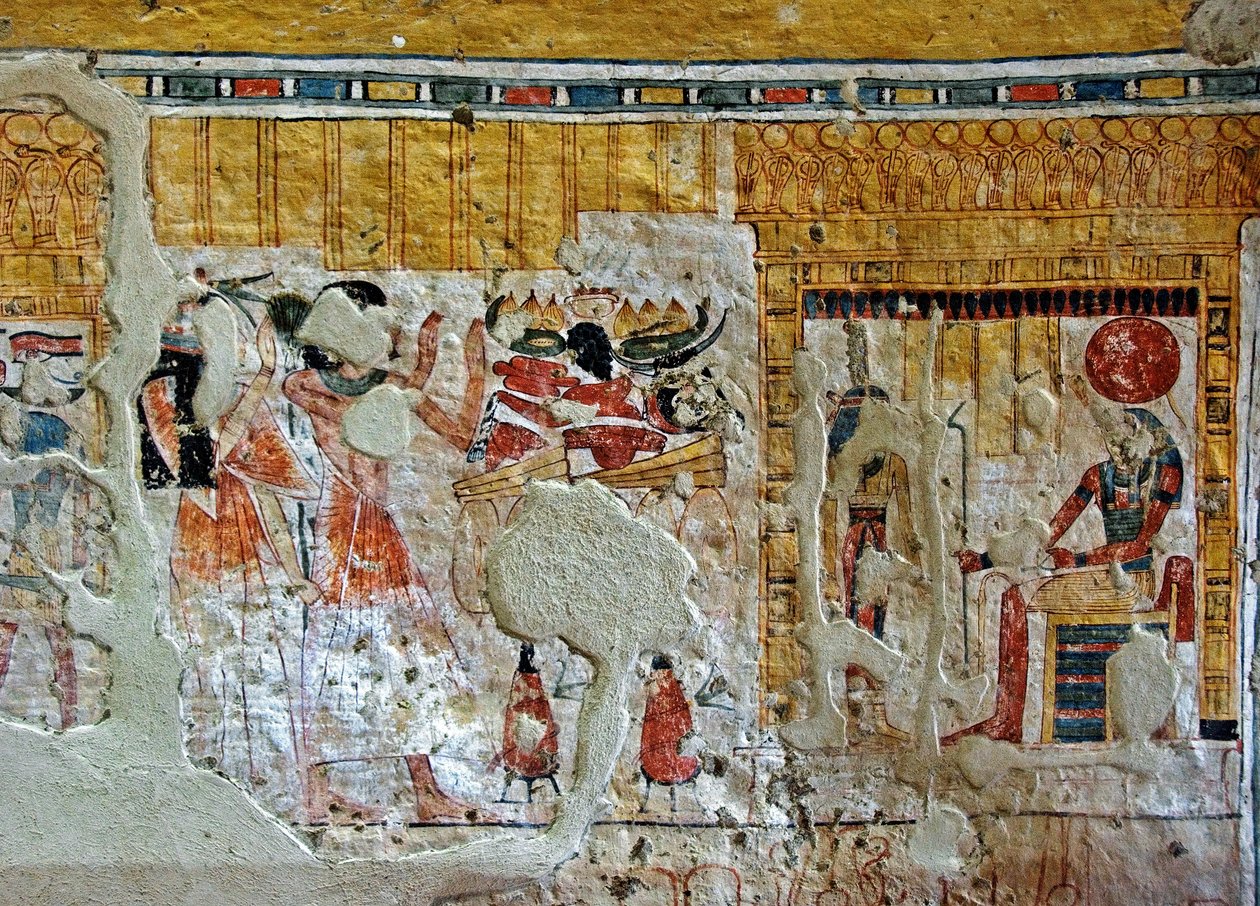 Egyptisk antikvitet: representasjon av Shuroy og hans kone som tilber guddommer. Maleri av graven til Shuroy (TT13). 20. dynasti. 1190–1077 f.Kr. Nekropolen til Dra Abu el-Naga, Vestbredden av Luxor, Egypt av Egyptian 20th Dynasty