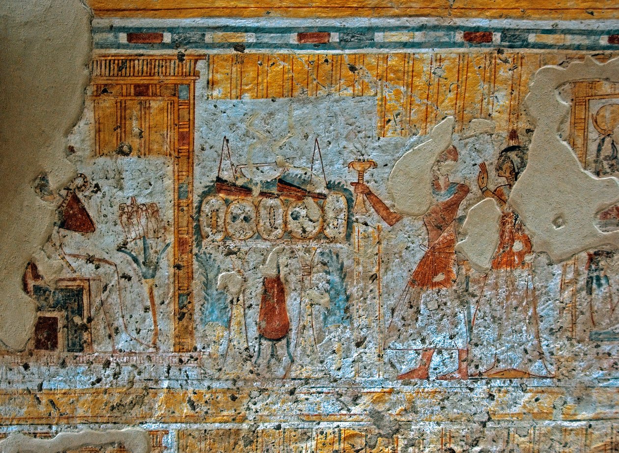 Egyptisk antikvitet: representasjon av Shuroy og hans kone som tilber guden Osiris som sitter foran de fire sønnene til Horus i et papyrusblad. Maleri av graven til Shuroy (TT13). 20. dynasti. 1190–1077 f.Kr. Nekropolen til Dra Abu el-Naga, Vestbredden av av Egyptian 20th Dynasty