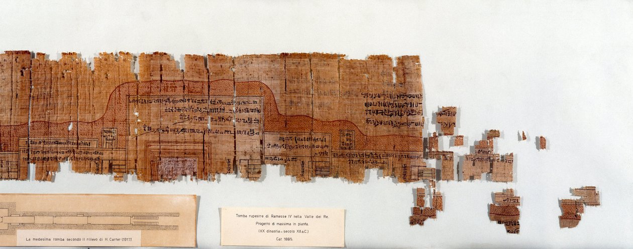 Egyptisk antikvitet: papyrus som representerer planen for graven til farao Ramses IV (1154-1143 f.Kr.) 20. dynasti. Torino, egyptisk museum av Egyptian 20th Dynasty