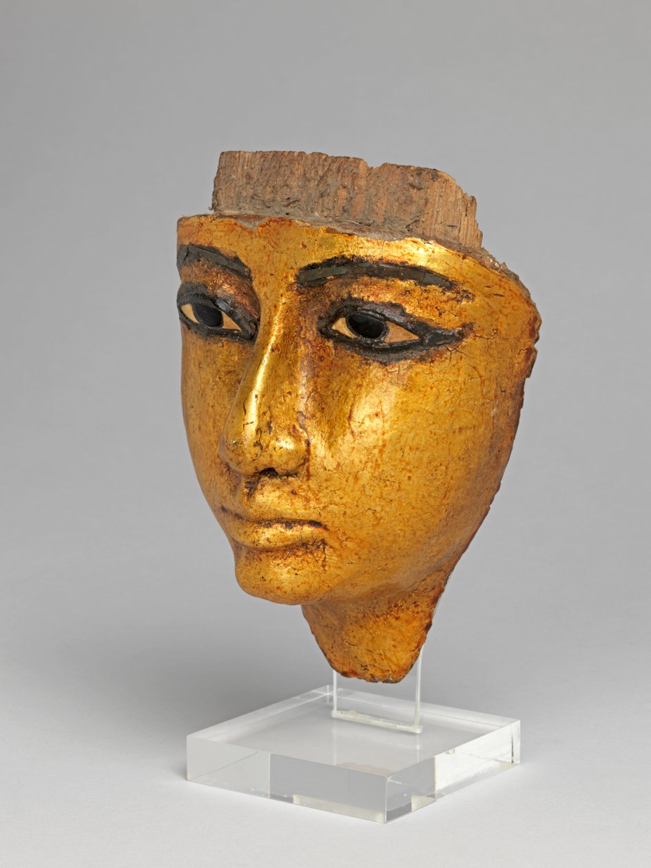 Ansikt fra en kiste, med øyne og øyenbryn innlagt, forgylt av Egyptian 20th Dynasty