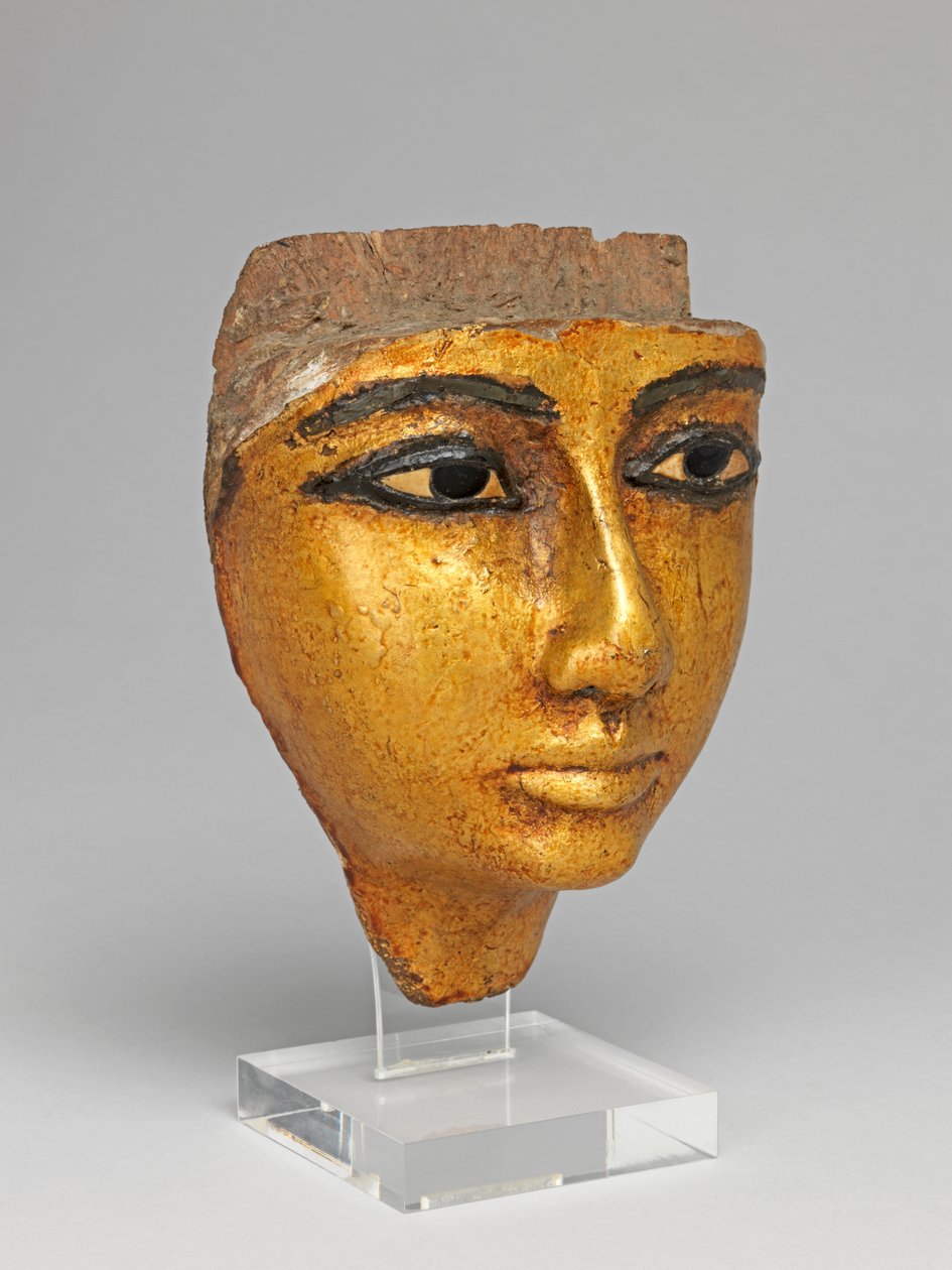 Ansikt fra en kiste, med øyne og øyenbryn innlagt, forgylt av Egyptian 20th Dynasty