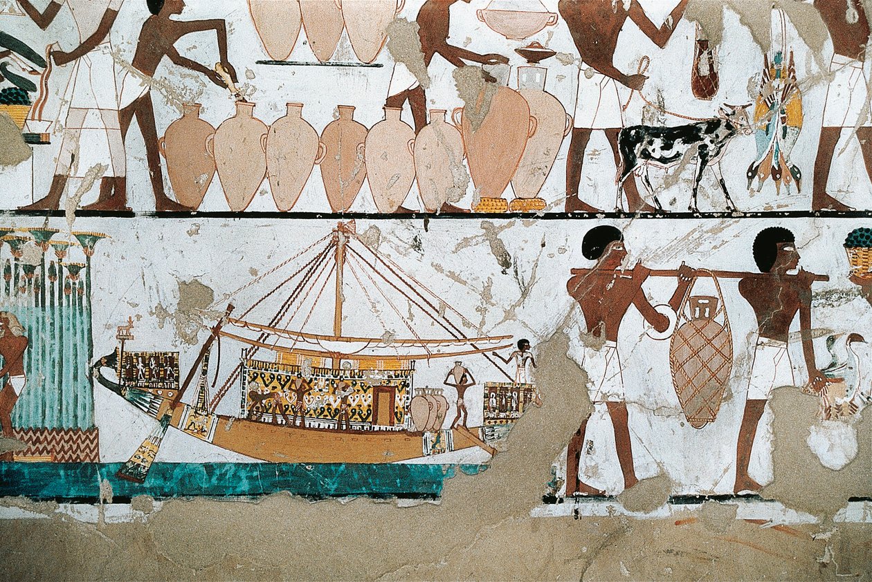 Veggmaleri som viser scenen for transport av vin på båt, fra New Kingdom av Egyptian 20th Dynasty