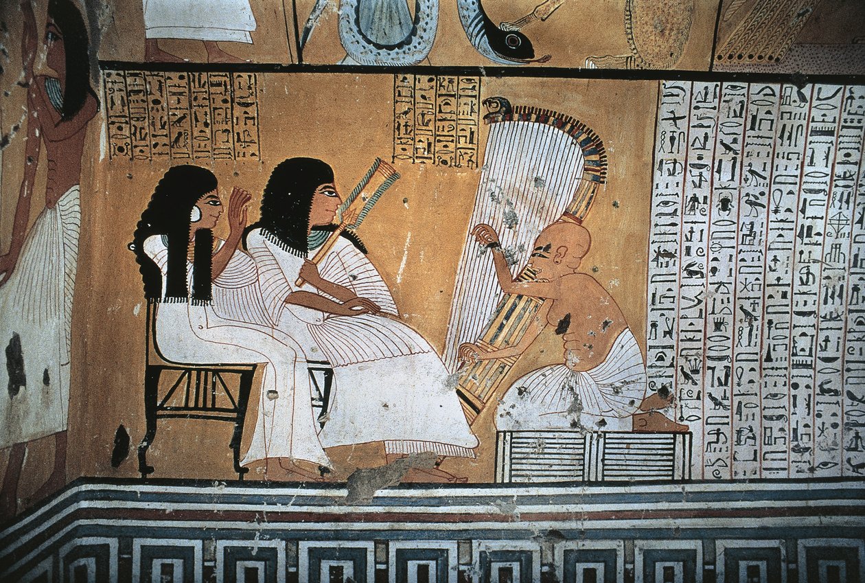 Veggmaleri av avdøde Khai-Inherkha og kone som ser på blind harpist av Egyptian 20th Dynasty